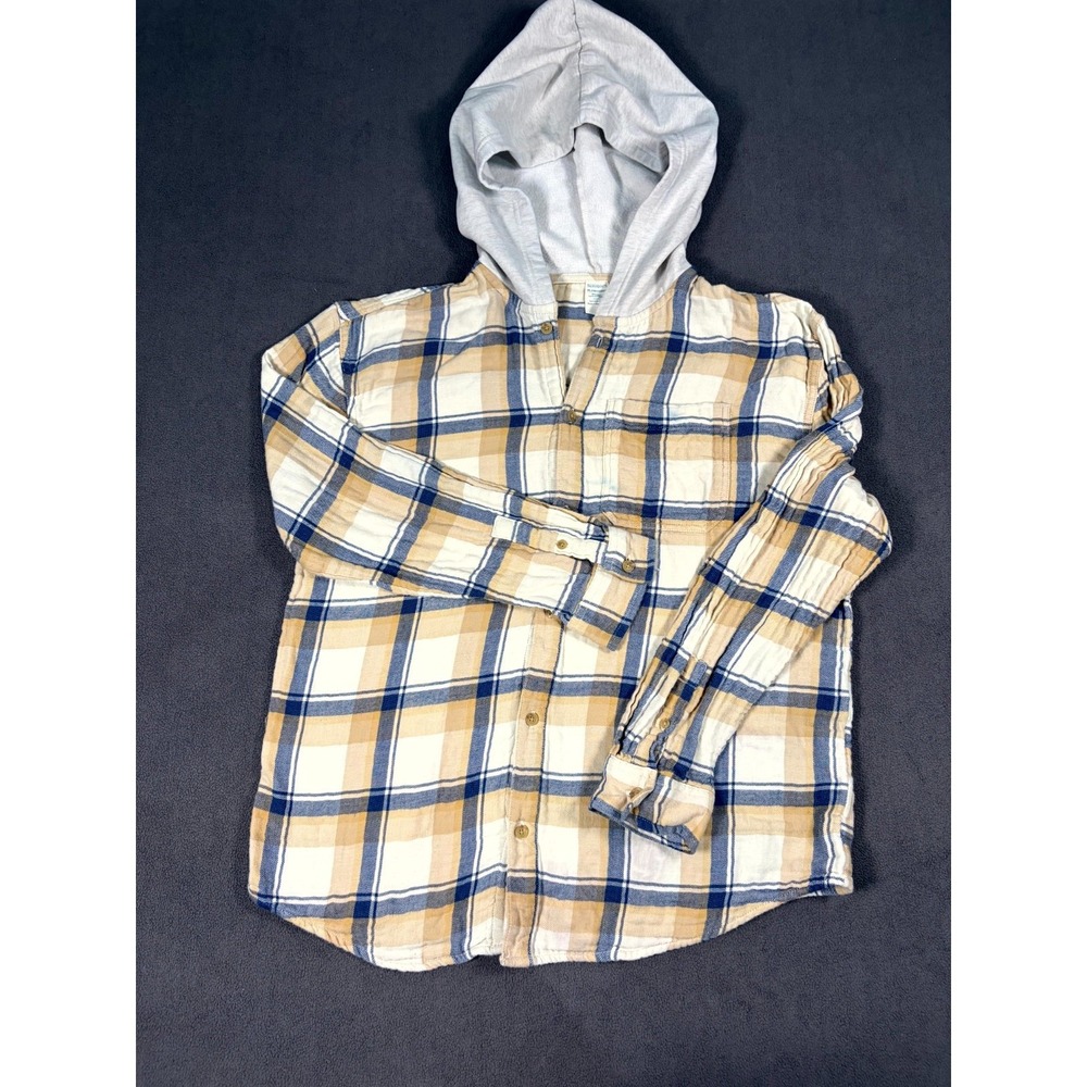 Thereabouts Hooded Flannel Shirt Boys XL 18H/20H Beige Multi Plaid Button Front